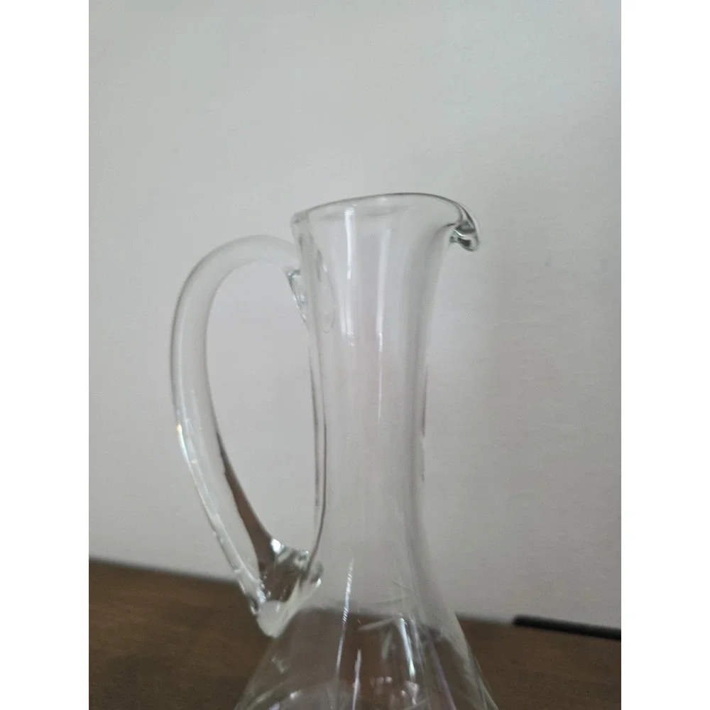 Vintage Hand Blown‎ Long Neck Etched Grapevine Clear Glass Pitcher 10.5